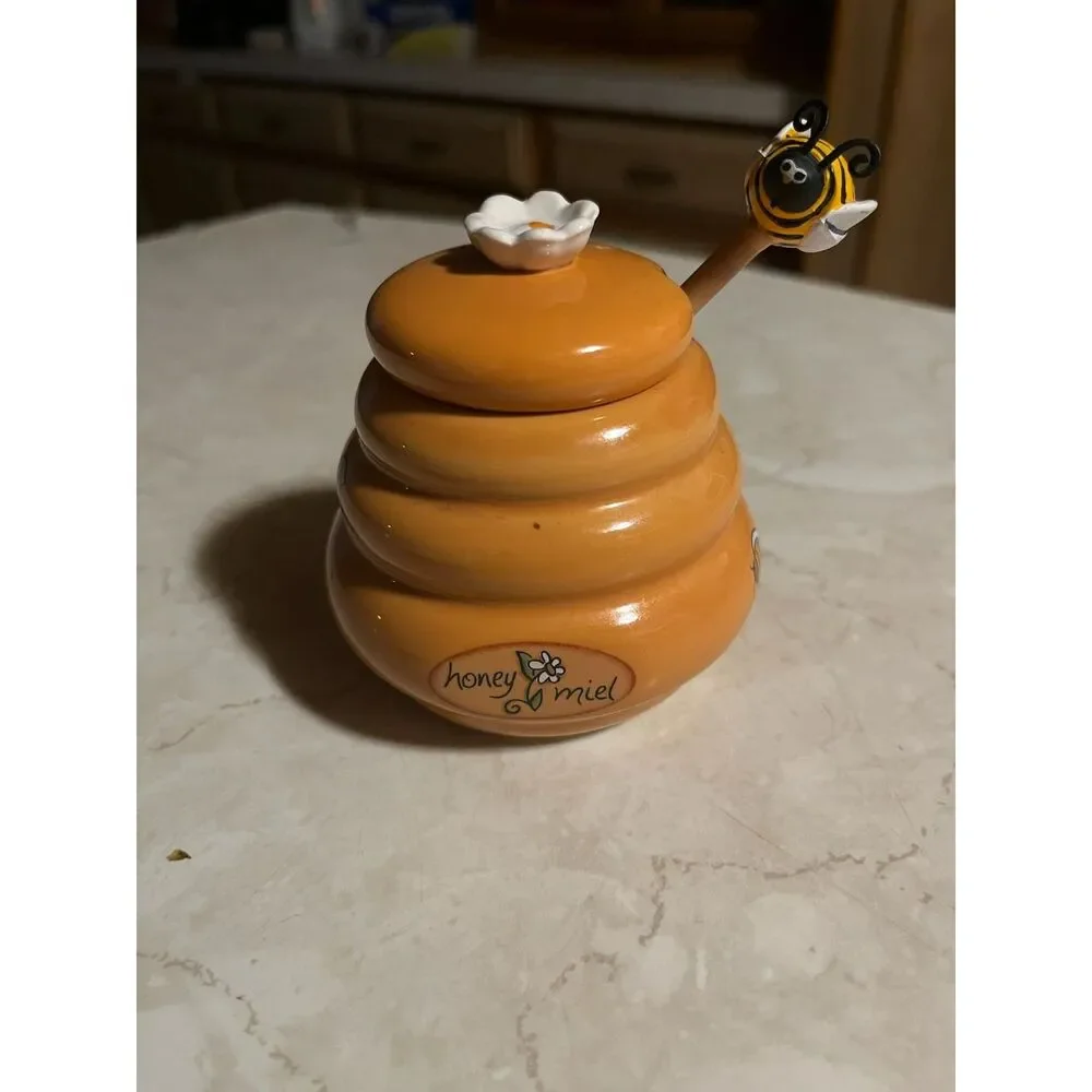cottage core kitchen bee honey stirrer and pot